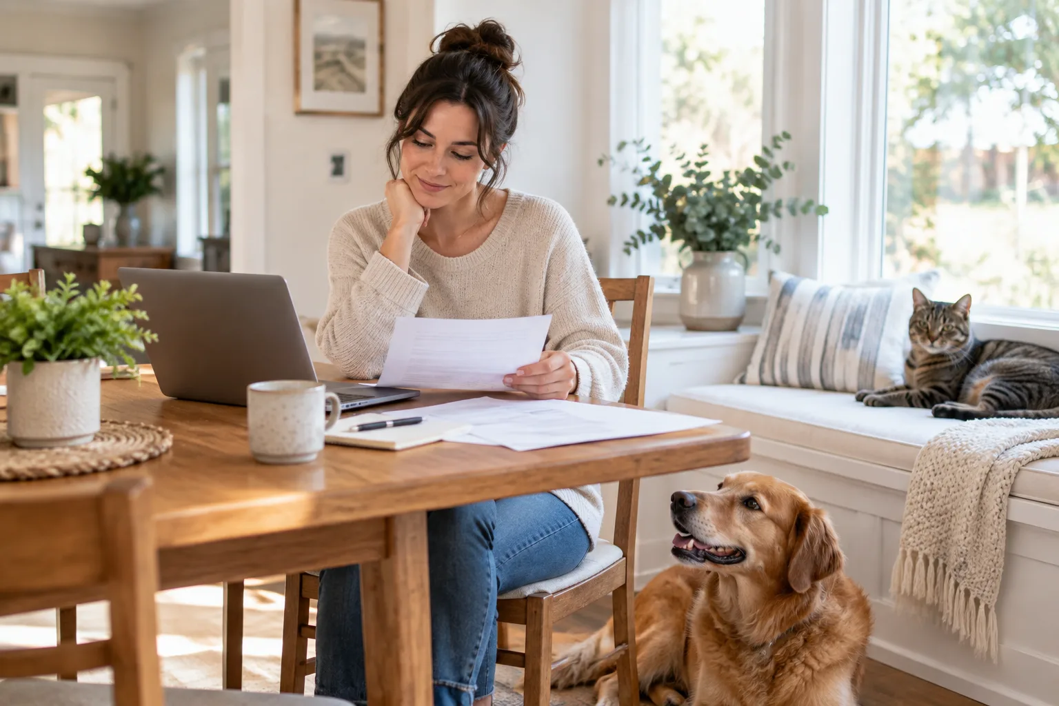 Owner working at a table with a dog nearby and a cat resting behind her