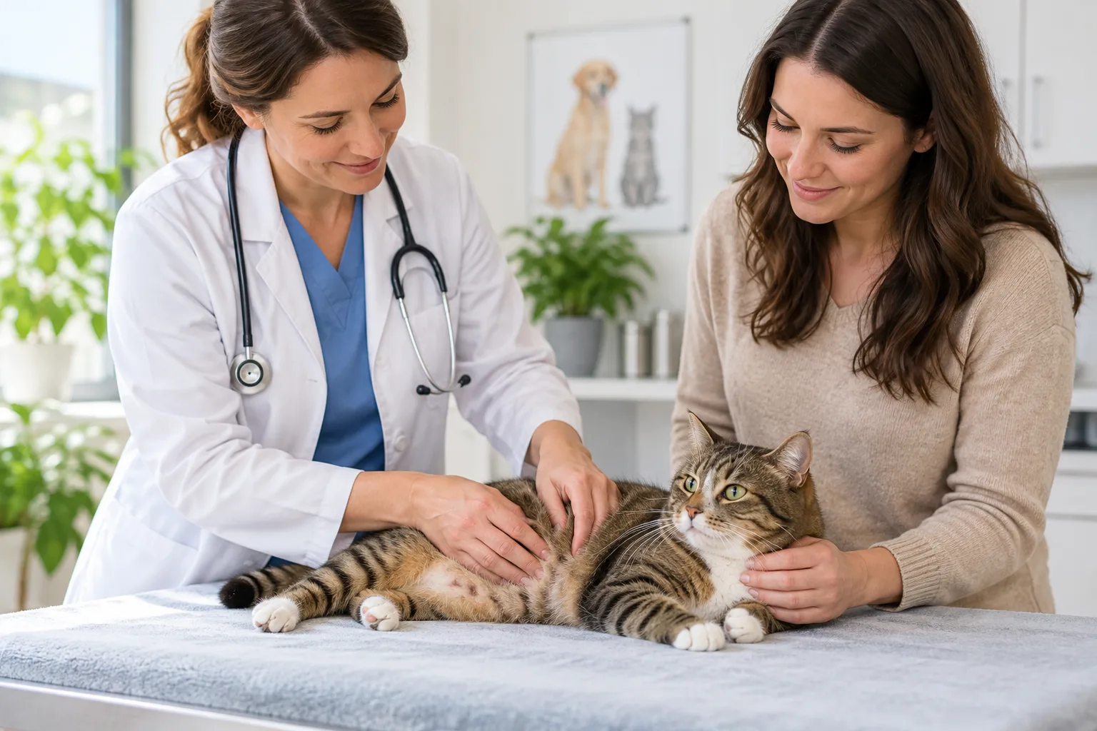 Veterinarian examining a tabby cat with its owner present